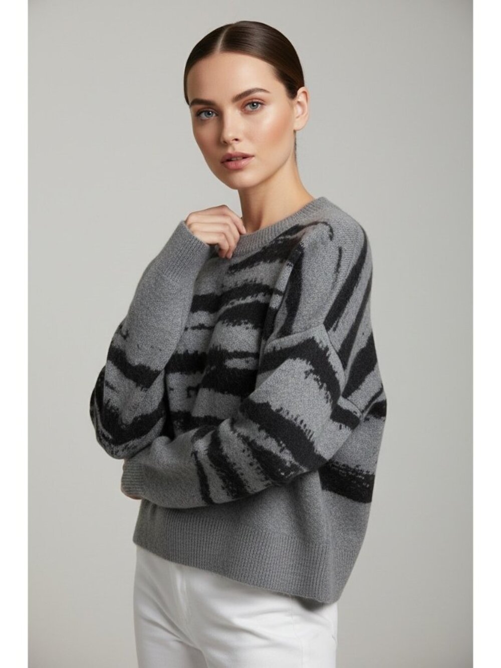 AllSaints Gray Black Abstract Stripe Wool Alpaca Blend Sweater Size Large